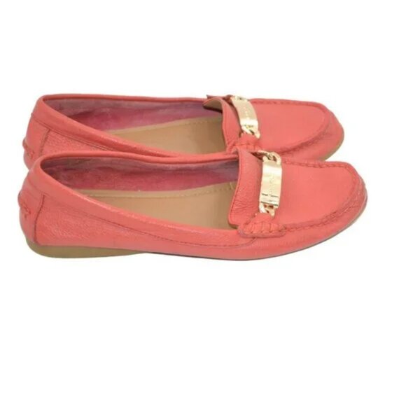 Coach Coral Peach Orange Soft Pebbled Leather Gold Driving Flats Loafers 7.5 - Picture 2 of 9